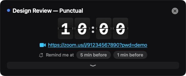 Punctual's split-flap countdown box showing time remaining to the next meeting